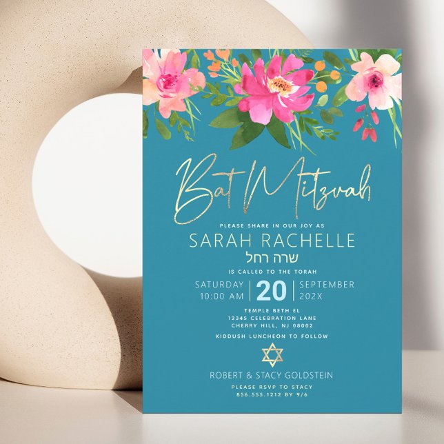 Bat Mitzvah Blå Guld Script Blommig Akvarell Inbjudningar (Skapare uppladdad)