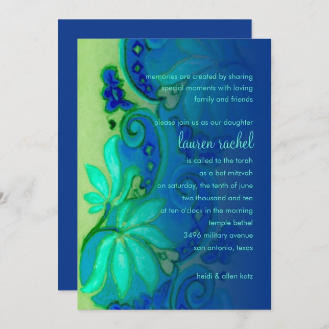 Bat mitzvah blå och akvatisk Blommigt Inbjudningar (Fram/baksida)