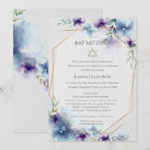 BAT MITZVAH Blå och Violett Akvarell Blommor 2 Inbjudningar