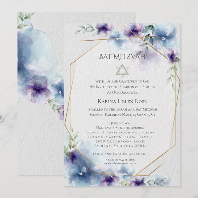 BAT MITZVAH | Blå och Violett Akvarell Blommor 2 Inbjudningar (Fram/baksida)