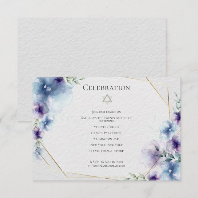 BAT MITZVAH | Blå och Violett Akvarell Blommor Inbjudningar (Fram/baksida)