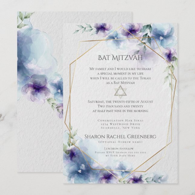 BAT MITZVAH | Blå och Violett Akvarellblomma Inbjudningar (Fram/baksida)