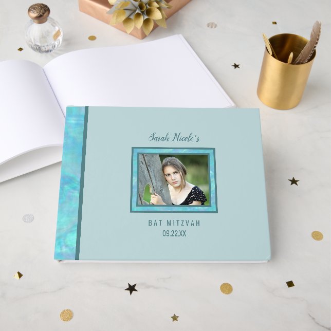 Bat Mitzvah Blå Opal Speciellt Tillfälle Foto Gästböcker (Framsida Öppen)