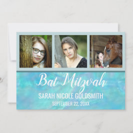 Bat mitzvah blå opal vattenfärgsfotokollage inbjudningar
