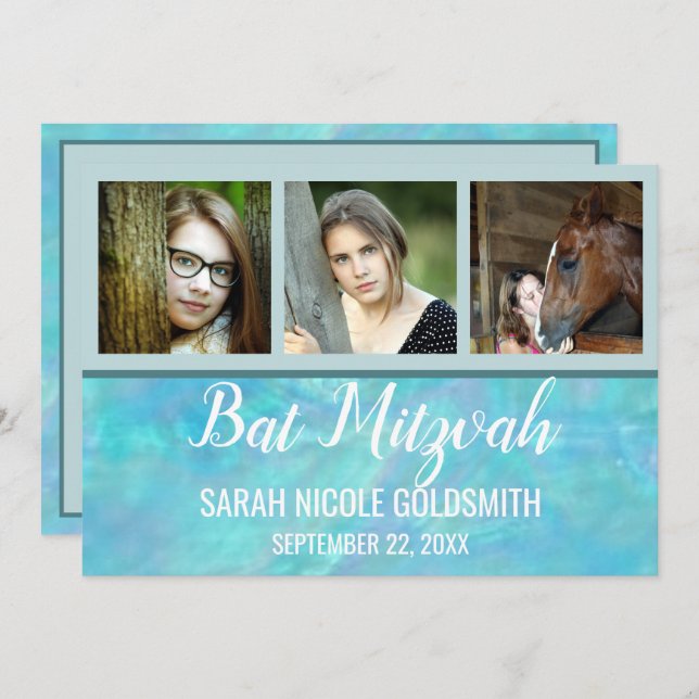 Bat mitzvah blå opal vattenfärgsfotokollage inbjudningar (Fram/baksida)