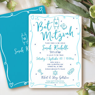 Bat Mitzvah Blå Rolig Handritad Doodle Hebreiskt N Inbjudningar