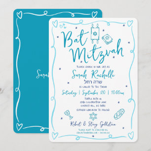 Bat Mitzvah Blå Rolig Handritad Doodle Hebreiskt N Inbjudningar