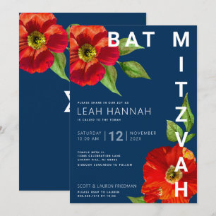 Bat mitzvah, blå vattenfärg, modern,  Blommigt Inbjudningar
