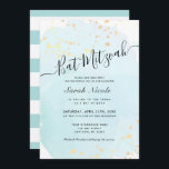 Bat mitzvah Blå vattenfärg x Guld-plattor Inbjudningar<br><div class="desc">Den här Bat mitzvah inbjudan till snyggt och elegant har en ljusblå bakgrund i vattenfärgen med faux guld stänk och skrift i svart. Den omvända sidan har en vit bakgrund med turkosa blå rand. Anpassa den efter dina behov. Du hittar matchande produkter i min butik.</div>