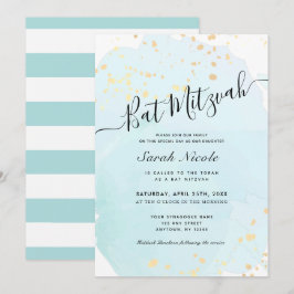 Bat mitzvah Blå vattenfärg x Guld-plattor Inbjudningar