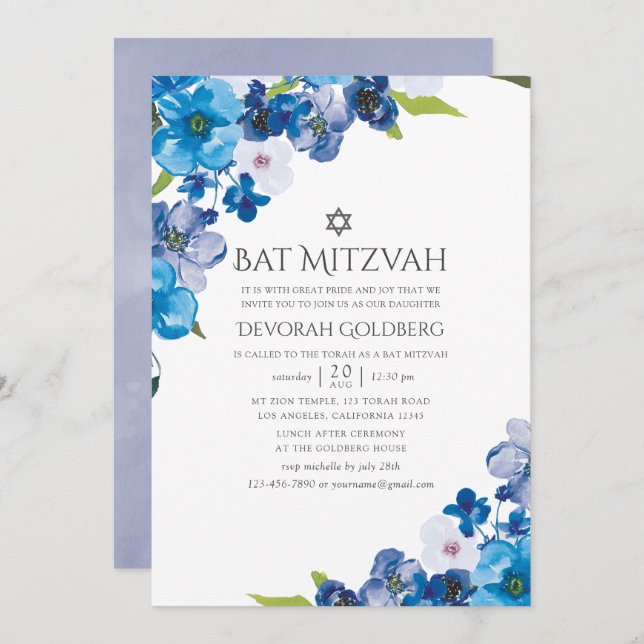 Bat mitzvah blåa Blommigtar Inbjudningar (Fram/baksida)