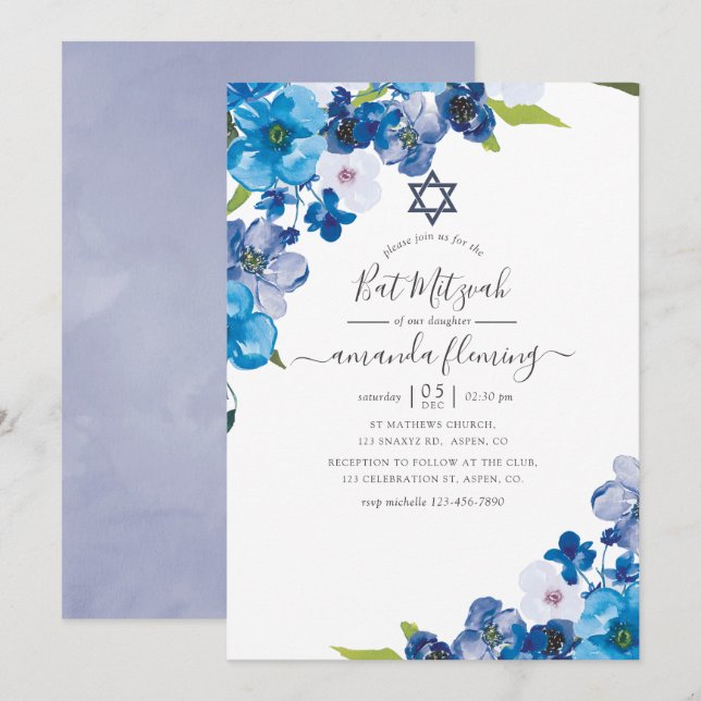 Bat mitzvah blåa Blommigtar Inbjudningar (Fram/baksida)