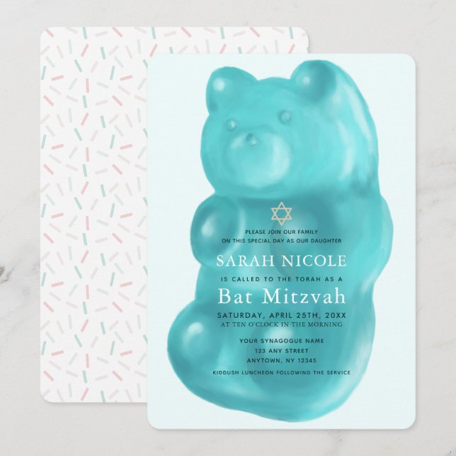 Bat mitzvah blåbjörnflicka inbjudningar (Fram/baksida)