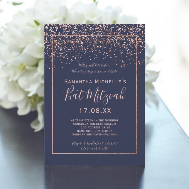 bat mitzvah blåblått manus i marinflottan ro guld inbjudningar (Rose gold confetti navy blue script bat Mitzvah Invitation)