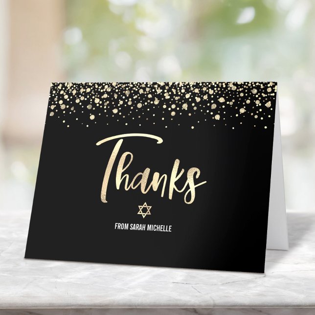 Bat mitzvah Black Guld Glitter Foil Elegant Script Tack Kort (Skapare uppladdad)