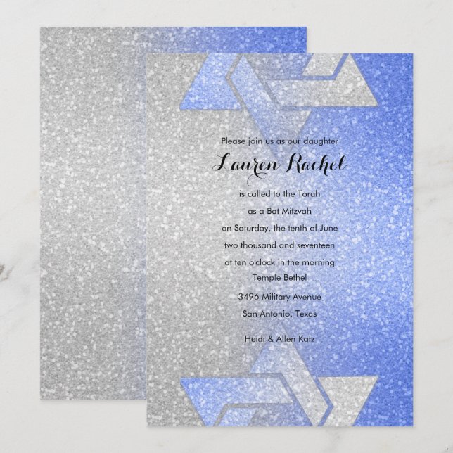 Bat mitzvah blått glitterövertonat inbjudningar (Fram/baksida)