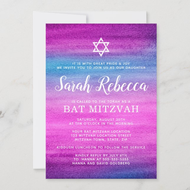 Bat mitzvah blått- och lilavattenfärg inbjudningar (Framsida)