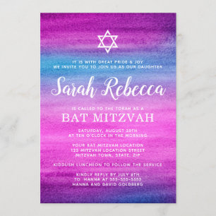 Bat mitzvah blått- och lilavattenfärg inbjudningar