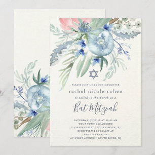 Bat mitzvah blått- och rosapion inbjudningar