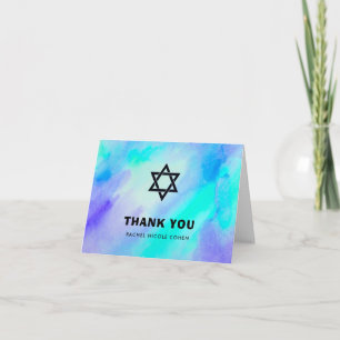 Bat mitzvah blått- och turkosvattenfärg tack kort