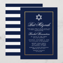 Bat mitzvah blått och vitt Rand Guld Inbjudningar