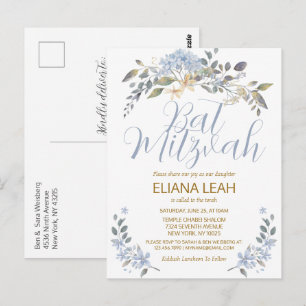 Bat Mitzvah Blått Vattenfärg Blommor Vykort