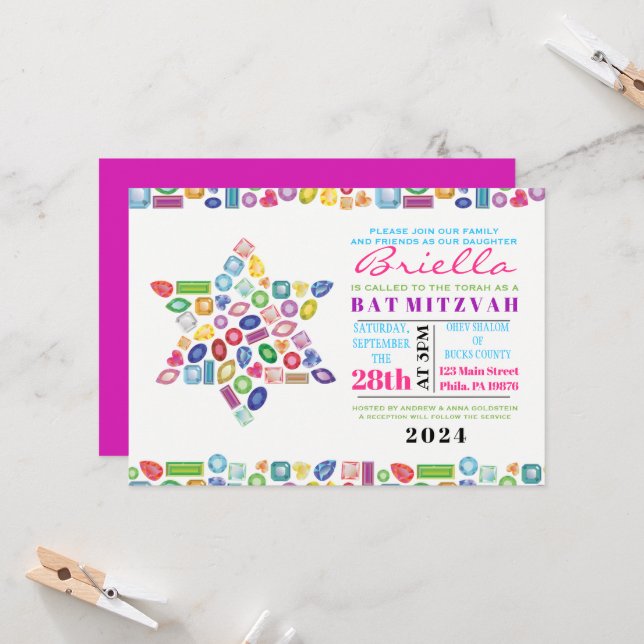 Bat mitzvah BLING BLING Gemstone-inbjudan Inbjudningar (Fram/Back In Situ)