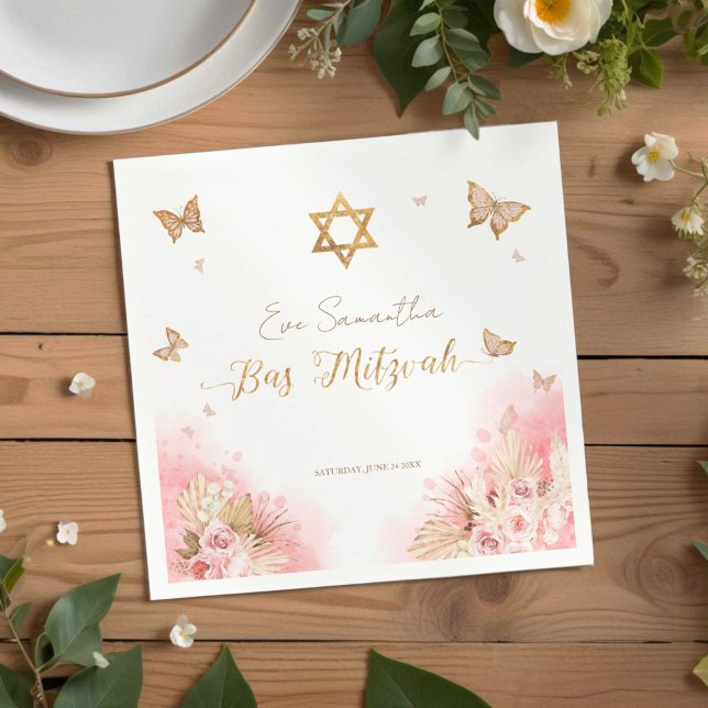 Bat mitzvah blöjor |  Rosa Gown Butterflies Pappersservett (Skapare uppladdad)
