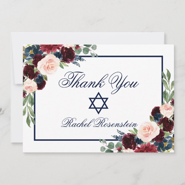 Bat mitzvah Blommigt Blue Burgundy Tack Kort (Framsida)