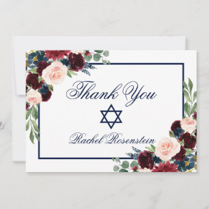 Bat mitzvah Blommigt Blue Burgundy Tack Kort