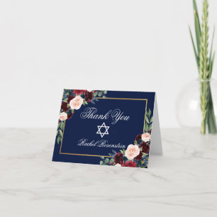 Bat mitzvah Blommigt Burgundy Blue Guld Note Tack Kort