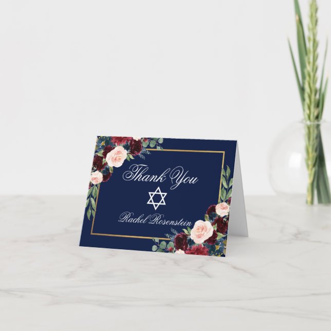Bat mitzvah Blommigt Burgundy Blue Guld Note Tack Kort (Framsida)