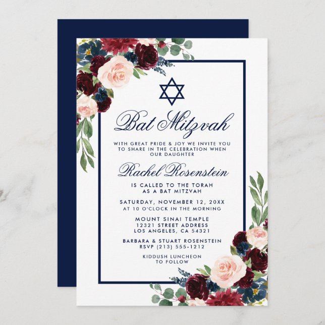 Bat mitzvah Blommigt Burgundy Blue-inbjudan Inbjudningar (Fram/baksida)