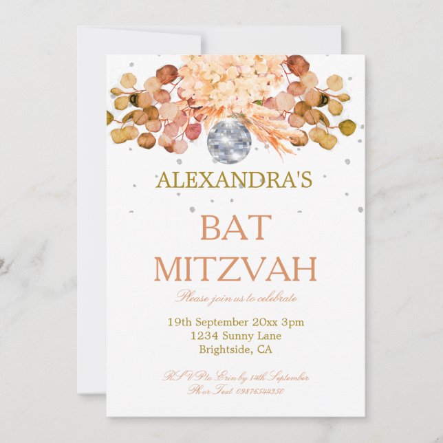 Bat mitzvah Blommigt Disco Inbjudningar (Framsida)