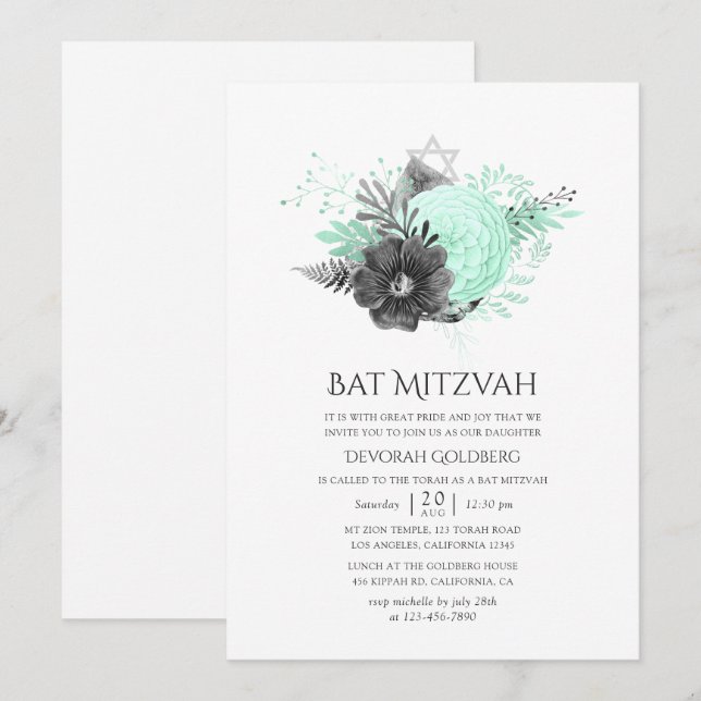Bat mitzvah Blommigt för akvarier och kol Inbjudningar (Fram/baksida)