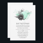 Bat mitzvah Blommigt för akvarier och kol Inbjudningar<br><div class="desc">Rustik vintage vattenfärgsinbjudan till blommigt bat mitzvah med accenter av akvblått och träkolsvart.</div>