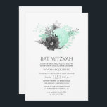 Bat mitzvah Blommigt för akvarier och kol Inbjudningar<br><div class="desc">Rustik vintage vattenfärgsinbjudan till blommigt bat mitzvah med accenter av akvblått och träkolsvart.</div>