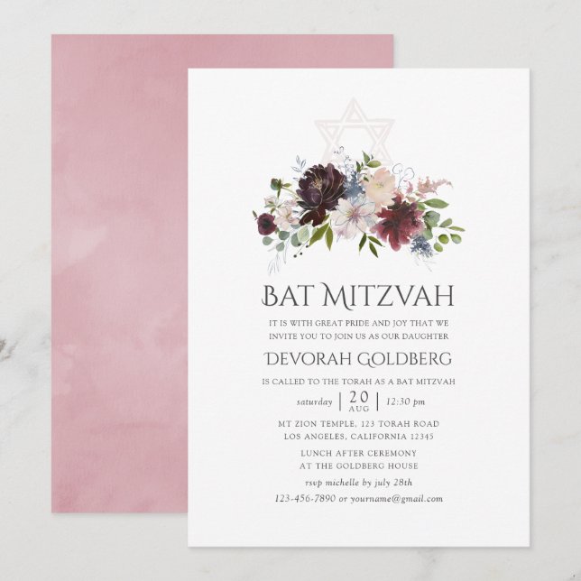 Bat mitzvah Blommigt för Burgundy och  vattenfärg Inbjudningar (Fram/baksida)