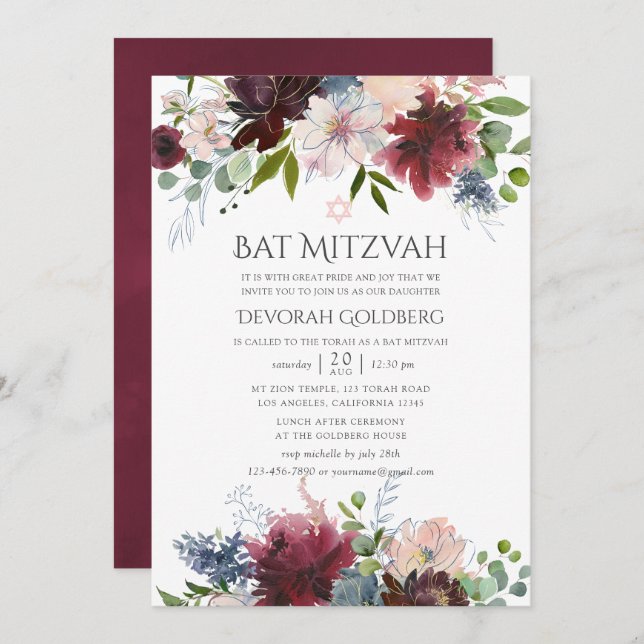 Bat mitzvah Blommigt för Burgundy och  vattenfärg Inbjudningar (Fram/baksida)
