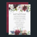Bat mitzvah Blommigt för Burgundy och  vattenfärg Inbjudningar<br><div class="desc">Trendig Border - marsala och  rosa bat mitzvah inbjudan med accenter av dammig blå,  marin och ro guld designad för att snabbt och enkelt kunna anpassas till dina händelsespecifikationer.</div>