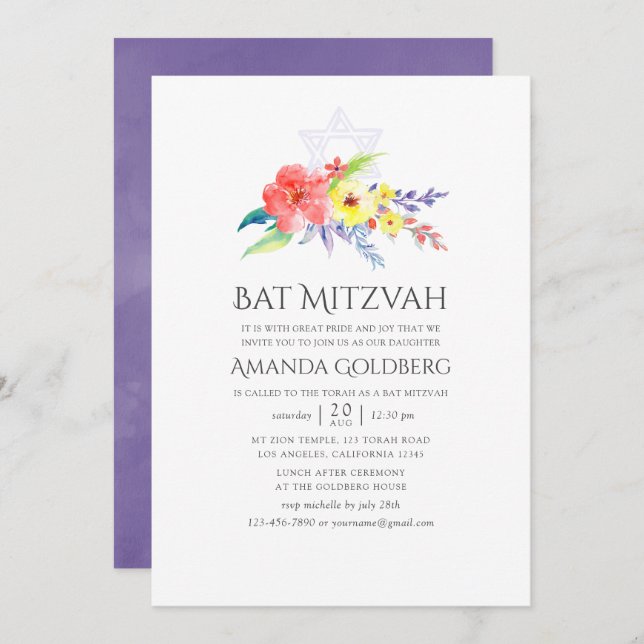Bat mitzvah Blommigt för färglöst vattenfärg Inbjudningar (Fram/baksida)