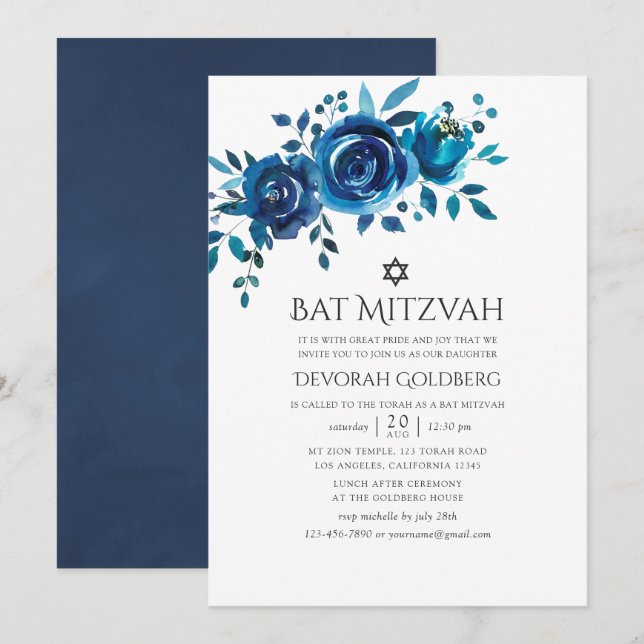 Bat mitzvah Blommigt för marin och vit vattenfärg Inbjudningar (Fram/baksida)