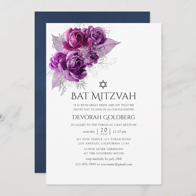 Bat mitzvah Blommigt för plommon och marin vattenf Inbjudningar (Fram/baksida)