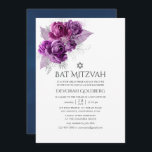 Bat mitzvah Blommigt för plommon och marin vattenf Inbjudningar<br><div class="desc">bat mitzvah inbjudningar till mörk plum lila ro och silver glitter med en marin blå vattenfärg tvättar omvända.</div>