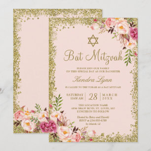 Bat mitzvah Blommigt för Rosa i Guld Glitter Inbjudningar