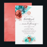 Bat mitzvah Blommigt för turkos- och korallvattenf Inbjudningar<br><div class="desc">Turkos och korall ro och tropisk faux glitter foliage bat mitzvah inbjudan med elegant handskriftstypografi.</div>