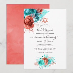 Bat mitzvah Blommigt för turkos- och korallvattenf Inbjudningar