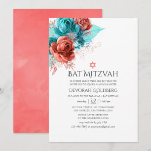 Bat mitzvah Blommigt för turkos och levande korall Inbjudningar