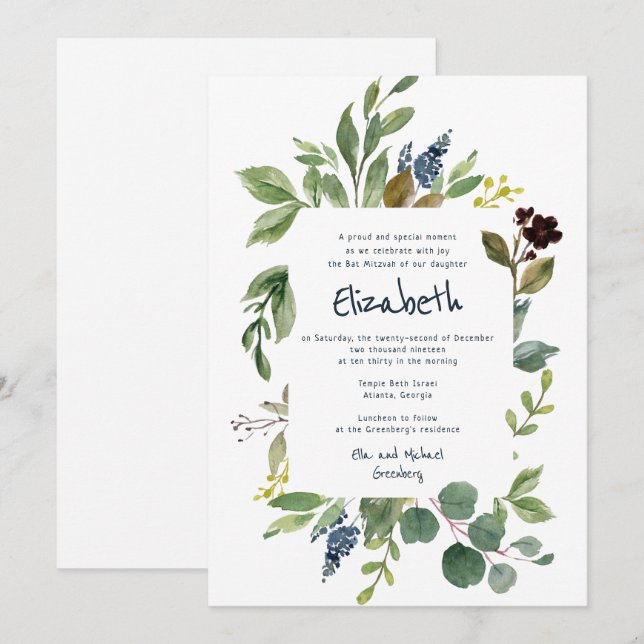Bat mitzvah Blommigt för vattenfärg och flytande Inbjudningar (Fram/baksida)