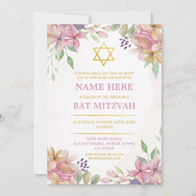 Bat mitzvah Blommigt Glitter Flickstjärna Guld Inbjudningar (Framsida)